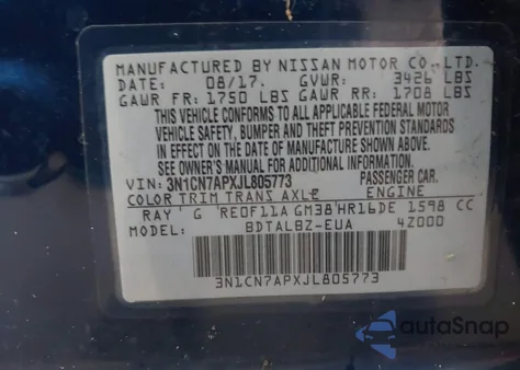 2018 Nissan Versa 1.6 Sv from USA, damaged, VIN 3N1CN7APXJL805773